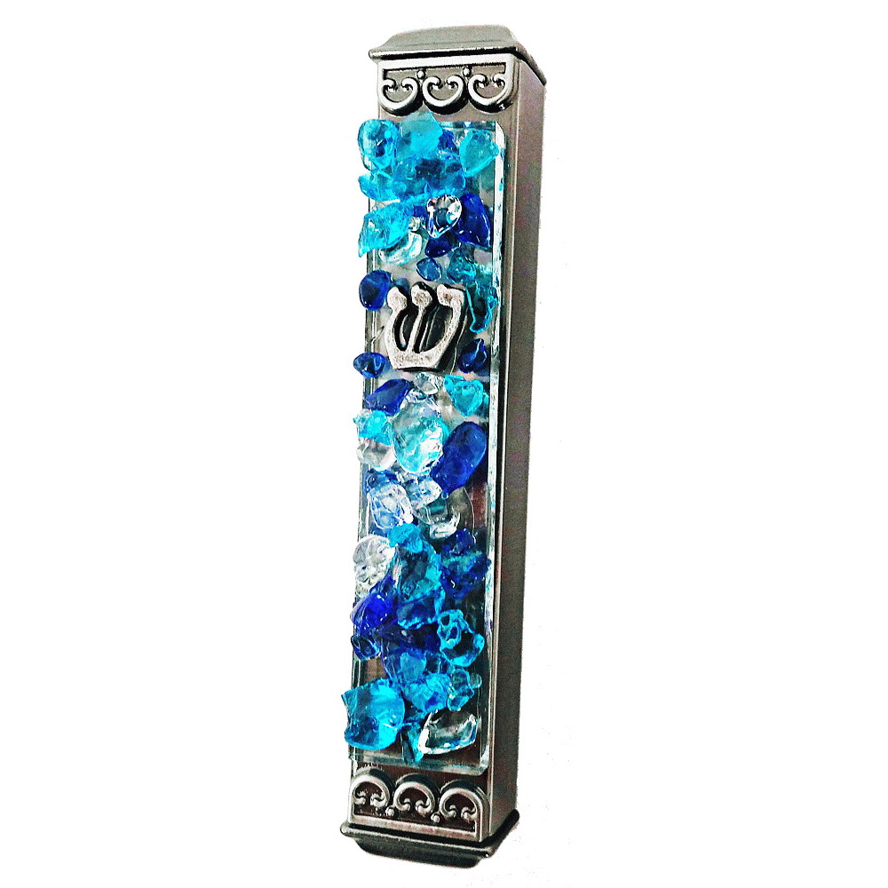 Jewish Gifts-Judaica-Blue Fused Glass And Metal Mezuzah