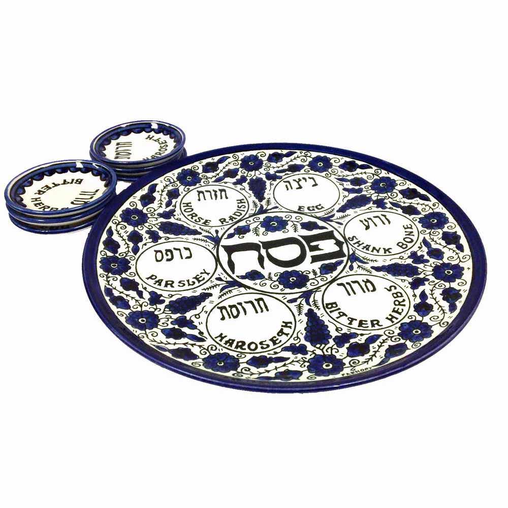 Floral Blue And White Seder Plate Made In Israel