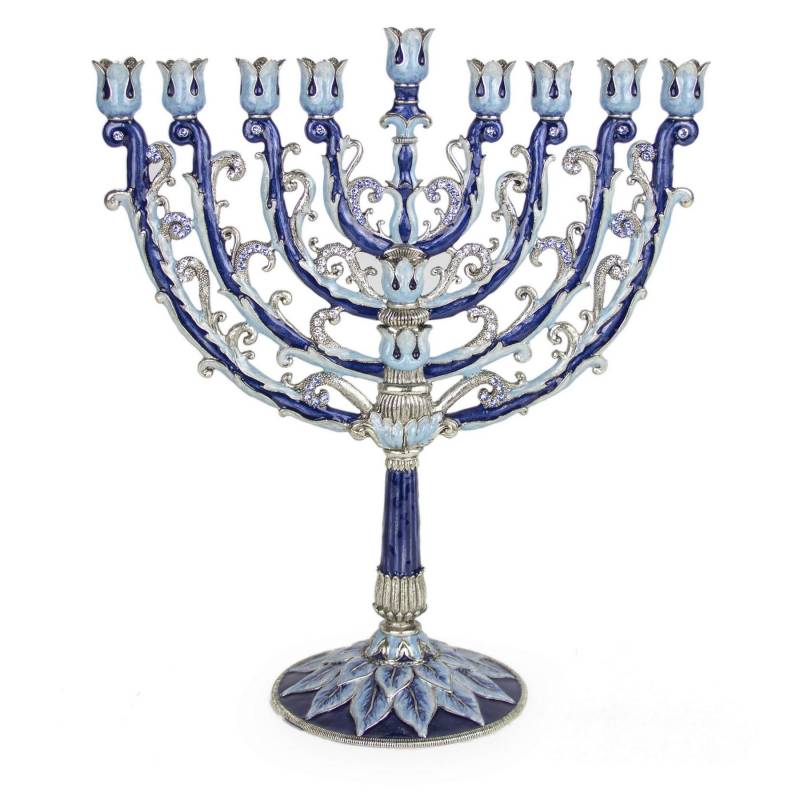 Menorah Judaica - Ornate Enamel Menorah In Blue