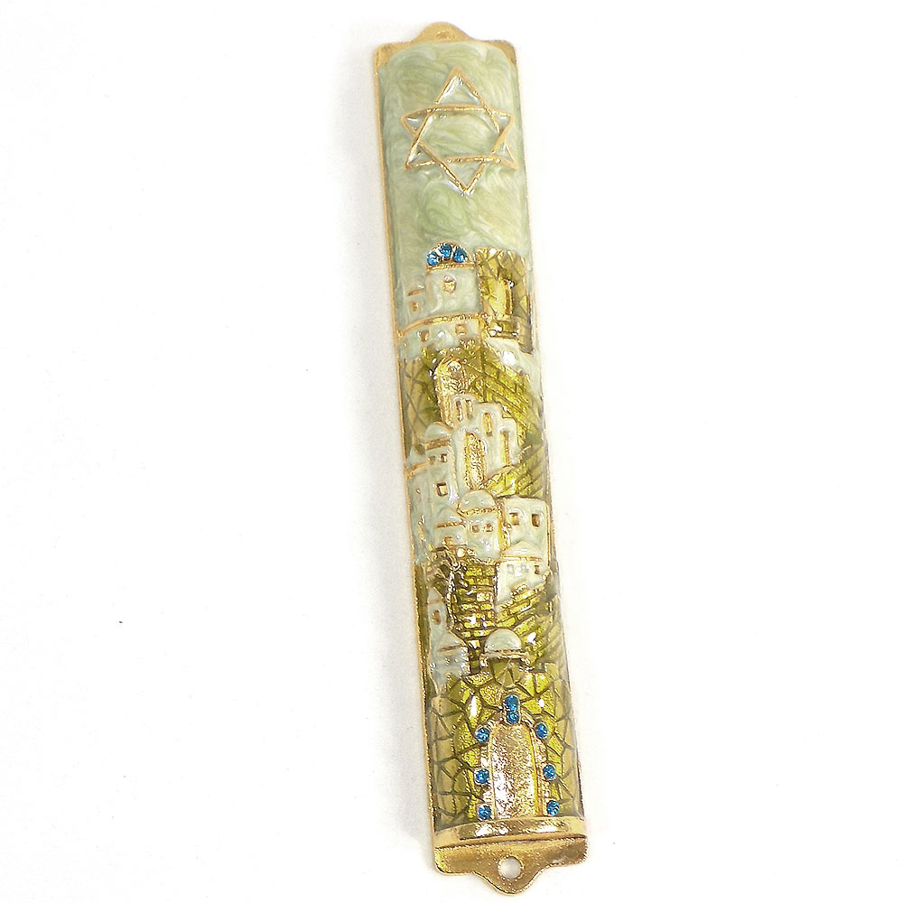 Gold Tone Enamel Crystal Jerusalem Mezuzah