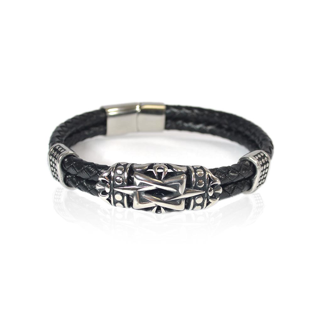 Men's Biker Style Leather Star Of David Bracelet