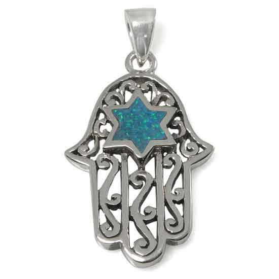 Jewish Jewelry-Silver And Opal Jewish Hamsa Pendant Necklace-Jewish Gifts
