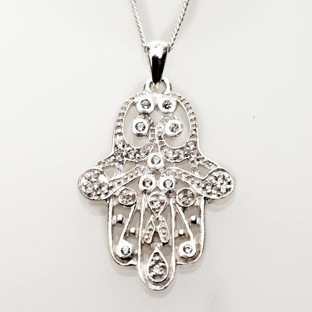 Jewish Jewelry-Judaica Hamsa Necklace Zirconium Silver